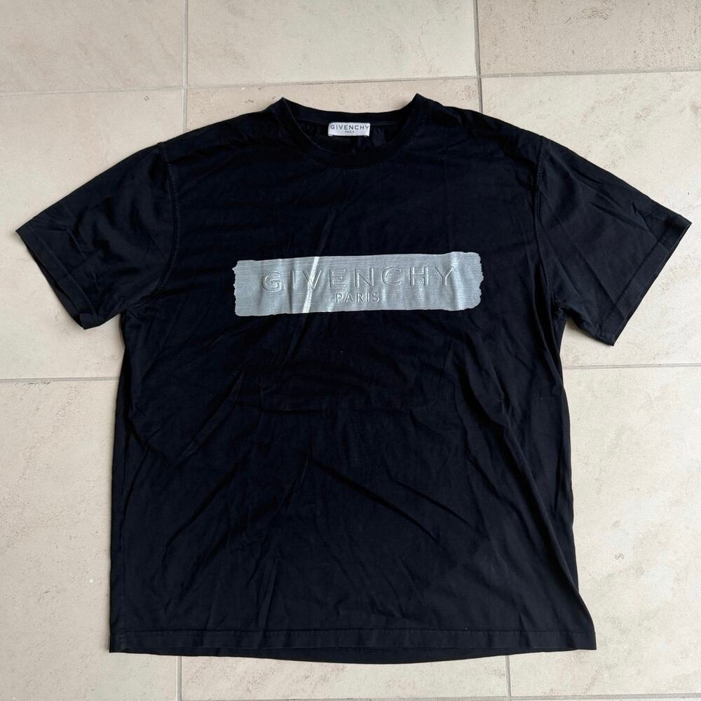 Givenchy Paris Logo T-Shirt XL Black Embossed Stripe Designer Tee Authentic